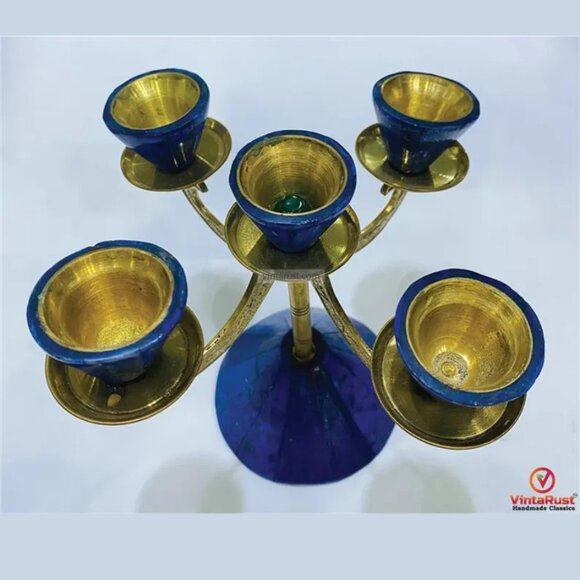 Lapis Stone Candle Holder, Vintage Lapis & Brass Candle Holder, Elegant 5-Light - Picture 1 of 6
